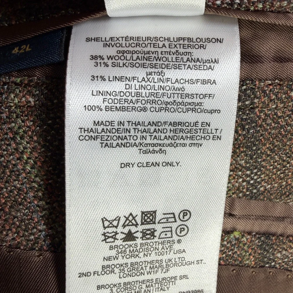 Brooks Brothers Sport Coat Mens 42L Brown Regent Plaid Wool Silk Linen E. Thomas